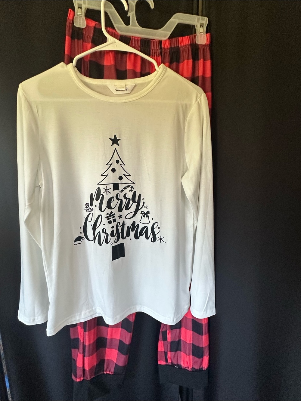 Women’s Merry Christmas Long Sleeve Pajama Set - White & Red Buffalo Plaid